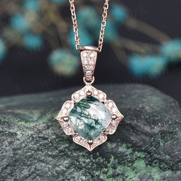 Cushion cut natural green moss agate necklace solid 14k rose gold floral halo moissanite diamond pendant women bridal anniversary gift