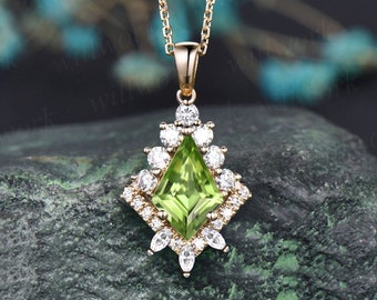 Vintage kite natural peridot necklace solid 14k 18k yellow gold unique halo diamond  pendant for women her art deco anniversary gift mother
