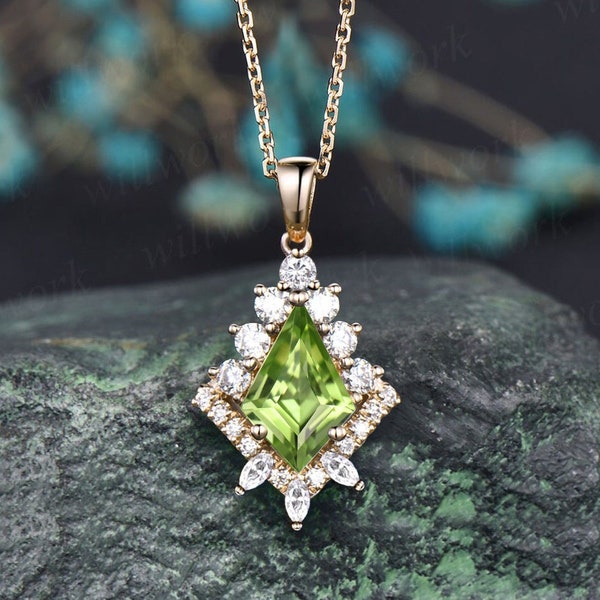 Vintage kite natural peridot necklace solid 14k 18k yellow gold unique halo diamond  pendant for women her art deco anniversary gift mother