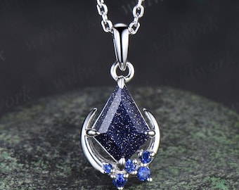 Kite cut blue sandstone necklace white gold vintage unique cluster moon pendant women her sapphire anniversary bridal gift mother