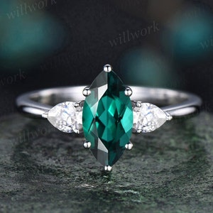 Marquise cut emerald ring gold silver three stone emerald engagement ring white gold Minimalist unique engagement ring diamond ring women