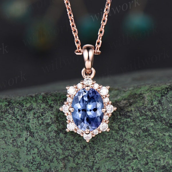 Vintage oval blue Tanzanite necklace solid 14k 18k gold unique halo snowdrift diamond pendant women black stone anniversary gift jewelry