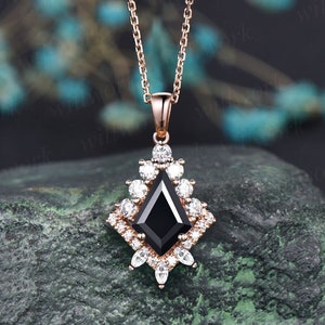 Kite cut black Onyx necklace solid 14k 18k rose gold vintage unique halo diamond  pendant for women her art deco anniversary gift mother