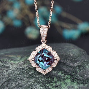 Cushion cut Alexandrite necklace solid 14k 18K rose gold floral halo diamond pendant women antique anniversary gift color change gemstone