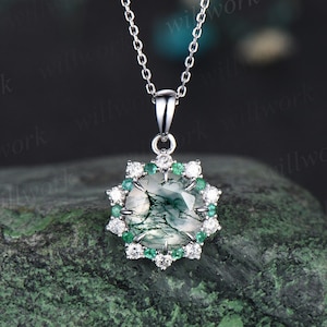 Vintage round cut green moss agate necklace white gold 8 prong halo natural emerald diamond moissanite pendant women promise bridal gift