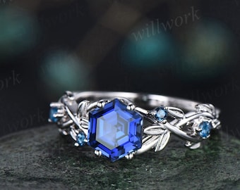 Vintage hexagon cut blue sapphire engagement ring white gold leaf five stone London blue topaz ring women twig nature inspired wedding ring
