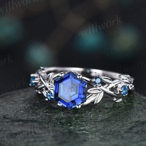 Vintage hexagon cut blue sapphire engagement ring white gold leaf five stone London blue topaz ring women twig nature inspired wedding ring