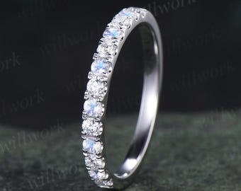 Round cut moonstone moissanite wedding band 14k white gold half eternity bridal ring women silver