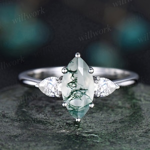 Marquise cut green moss agate ring gold vintage three stone moss agate engagement ring unique engagement ring pear diamond bridal ring gifts