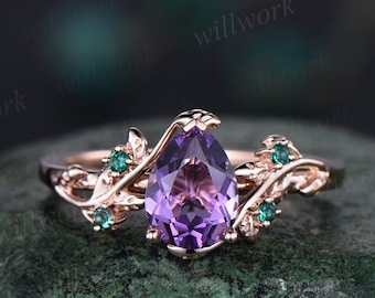 Amethyst ring vintage pear Amethyst engagement ring 14k rose gold twig leaf emerald bridal wedding ring women February birthstone ring gift