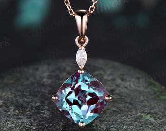 2ct cushion cut alexandrite necklace 14k rose gold two stone marquise pendant women her gemstone anniversary bridal gift mother