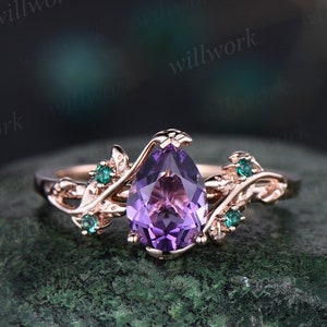 Amethyst ring vintage pear Amethyst engagement ring 14k rose gold twig leaf emerald bridal wedding ring women February birthstone ring gift