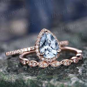 Pear shaped aquamarine engagement ring set rose gold alternative vintage unique engagement ring halo diamond bridal wedding ring set women