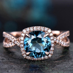London blue topaz engagement ring rose gold round topaz ring women vintage unique infinity diamond halo November birthstone wedding ring