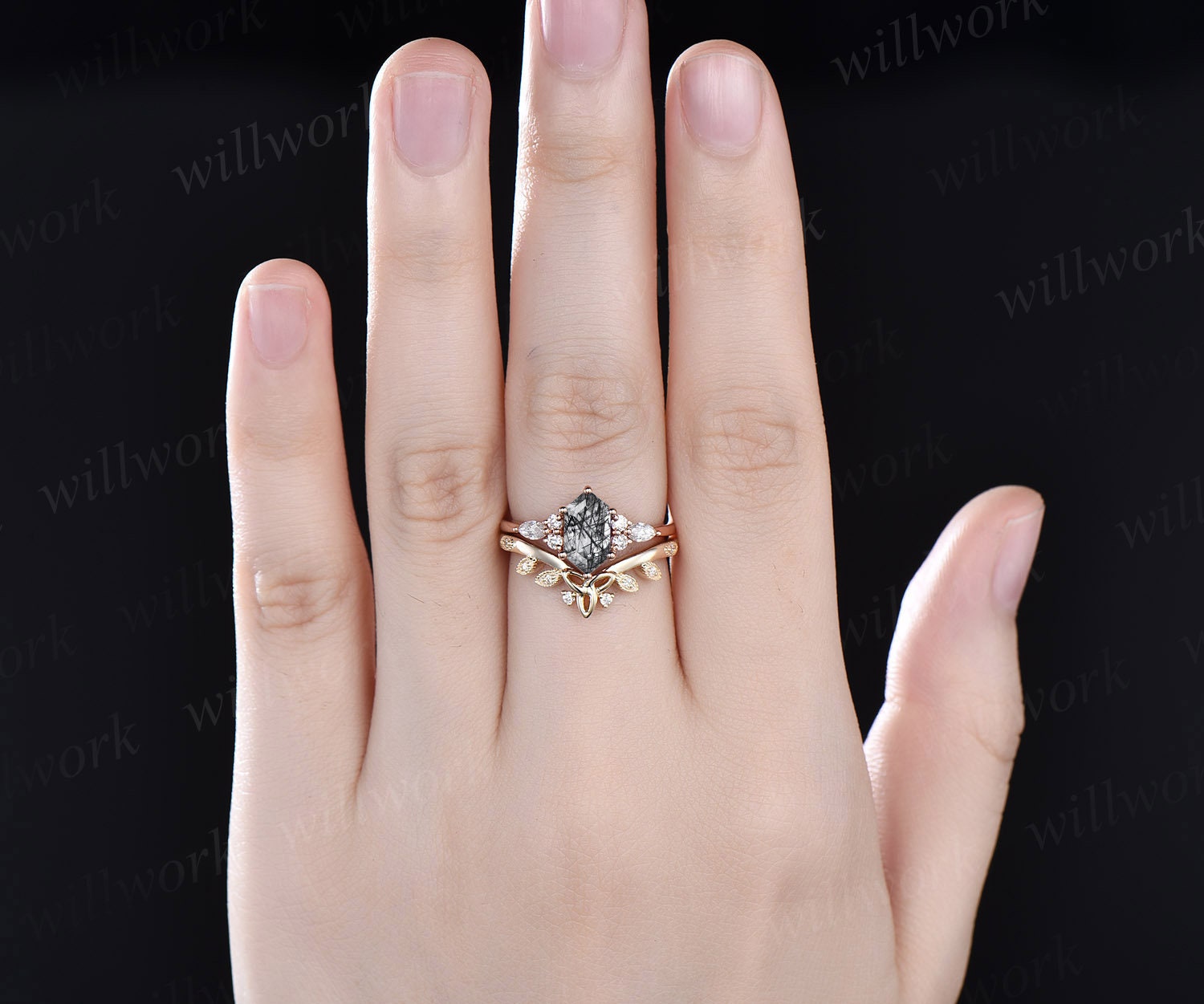 Long Hexagon Cut Black Rutilated Quartz Engagement Ring Set