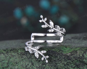 Leaf diamond wedding band enhancer wraps solid 14k white gold cluster double open gap wedding ring women unique anniversary gift