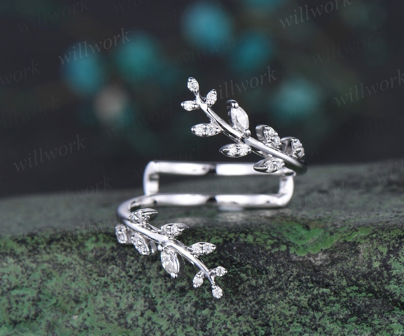 Leaf diamond wedding band enhancer wraps solid 14k white gold cluster double open gap wedding ring women unique anniversary gift image 1