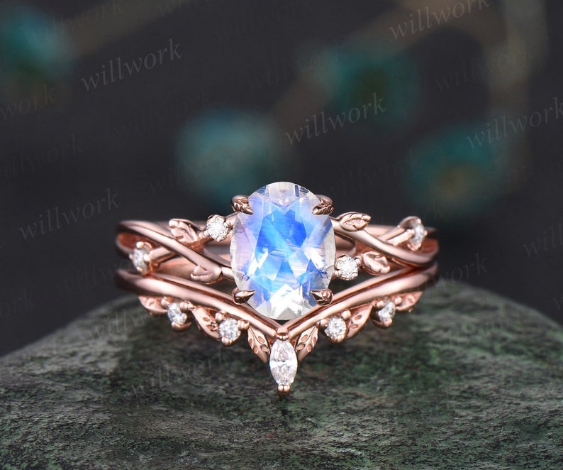 Oval moonstone ring vintage twisted leaf nature inspired engagement ring women five stone diamond anniversary bridal wedding ring set gift image 1