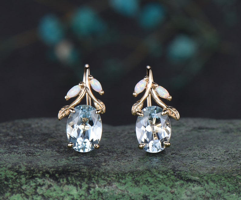 Oval cut aquamarine earrings solid 14k yellow gold vintage leaf marquise opal drop earrings women anniversary gift jewelry image 1