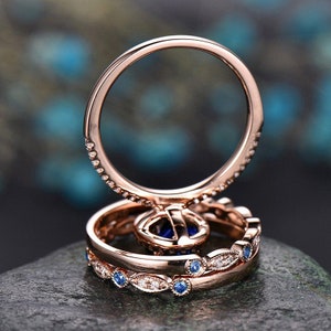 3pcs blue sapphire ring vintage sapphire engagement ring set rose gold for women diamond halo natural sapphire wedding band bridal ring set image 5