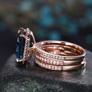 3pcs Emerald cut London blue topaz engagement ring 14k rose gold Topaz wedding bridal set diamond halo engagement November birthstone ring image 6