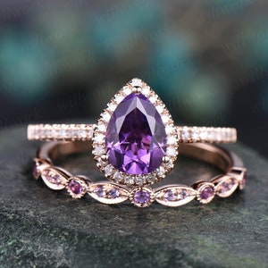Amethyst engagement ring solid 14k White rose gold pear cut engagement ring amethyst wedding ring 2pc bridal set birthstone anniversary gift