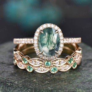 Moss Agate Ring Set Vintage Moss Agate Engagement Ring Set - Etsy