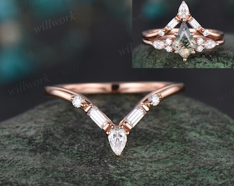 Geschwungene V-förmige Birne Baguette Diamant Ehering 14k 18k Rosegold Unikat Moissanite Ehering Band zierlicher Jubiläumsring Frauen