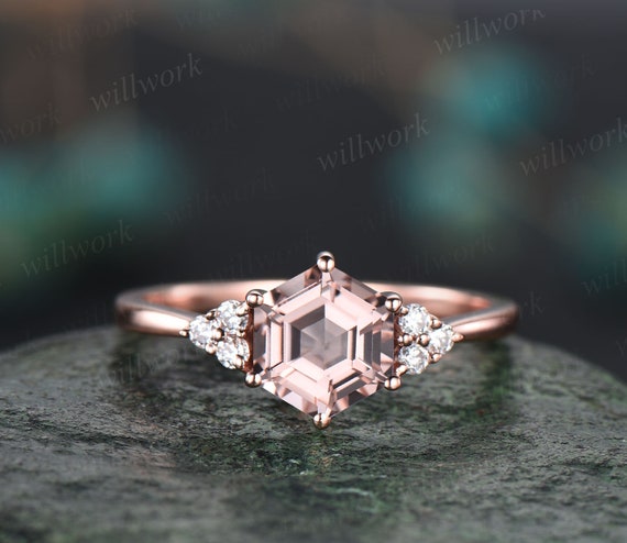 Hexagon Cut Pink Morganite Engagement Ring Set for Women 14k Rose