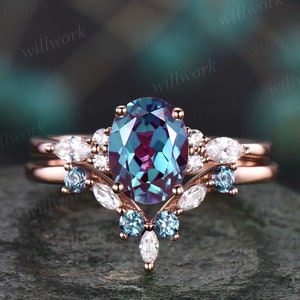 Unique engagement ring set oval cut Alexandrite engagement ring set vintage rose gold ring set cluster marquise ring moissanite ring set