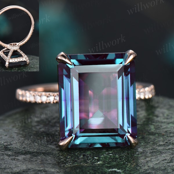 Alexandrite ring vintage unique emerald cut Alexandrite engagement ring for women under halo basket diamond ring rose gold dainty jewelry