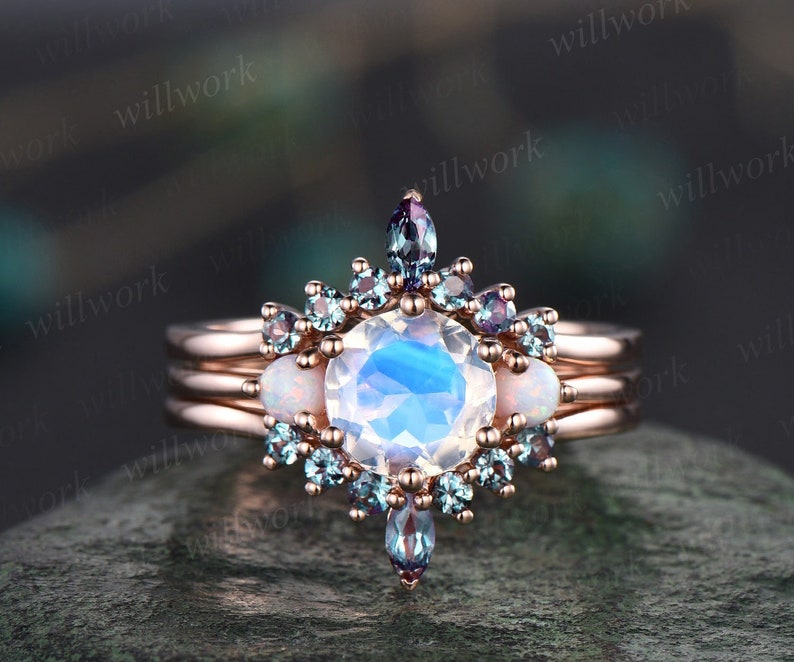 Natural round moonstone ring rose gold three stone opal ring women alexandrite ring vintage unique engagement ring stacking bridal set gift 3pc ring set