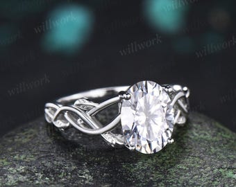 Anello solitario vintage con moissanite taglio ovale in oro bianco, a forma di foglia e infinito, ispirato alla natura, anello di fidanzamento da donna, regalo delicato per anniversario