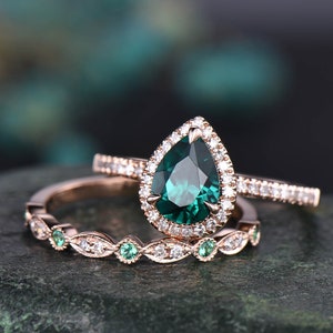 Green Emerald Engagement Ring Set White Gold Natural Emerald - Etsy
