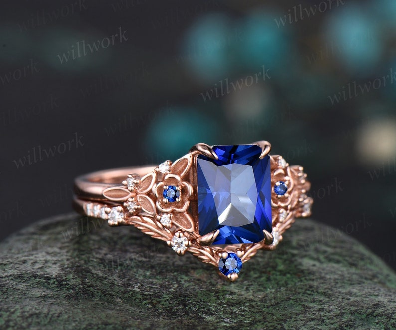 Vintage Radiant cut sapphire engagement ring rose gold leaf flower nature inspired unique cluster diamond bridal wedding ring set women image 1