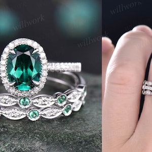 Emerald ring vintage unique oval emerald engagement ring set rose gold halo diamond ring for women marquise milgrain wedding ring set band image 8