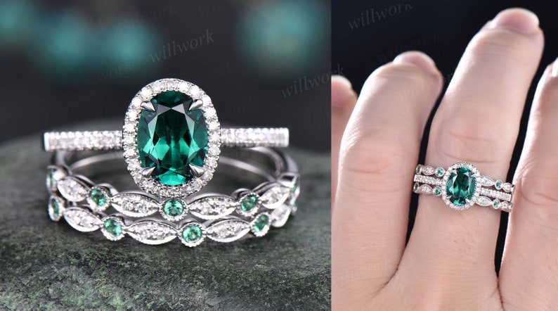 Emerald ring vintage unique oval emerald engagement ring set rose gold halo diamond ring for women marquise milgrain wedding ring set band image 8