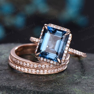 3pcs Emerald cut London blue topaz engagement ring 14k rose gold Topaz wedding bridal set diamond halo engagement November birthstone ring image 2