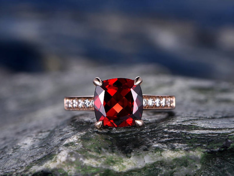 Red Garnet engagement ring-14k Rose gold-handmade diamond bridal ring-Classic Design-8mm Cushion Cut gemstone promise ring-Bezel Gold