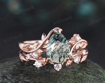 リーフペアシェイプモスアゲートエンゲージリングセットソリッド14K