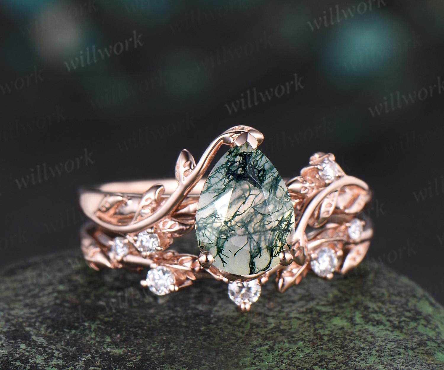 Leaf Pear Shaped Moss Agate Engagement Ring Set Solid 14K Rose Gold Three Stone Diamond Art Deco Ring Women Unique Wedding Ring Set, image size:1500x1251