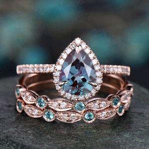 Pear shaped alexandrite engagement ring set vintage alexandrite bridal set art deco diamond halo ring set June birthstone ring for women
