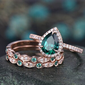 Vintage Unique Pear Shaped Emerald Engagement Ring Set Halo - Etsy