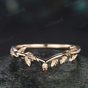 Curved Solitaire leaf wedding band solid 14k yellow gold nature inspired matching stacking wedding ring band women