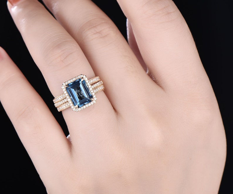 3pcs Emerald cut London blue topaz engagement ring 14k rose gold Topaz wedding bridal set diamond halo engagement November birthstone ring image 7