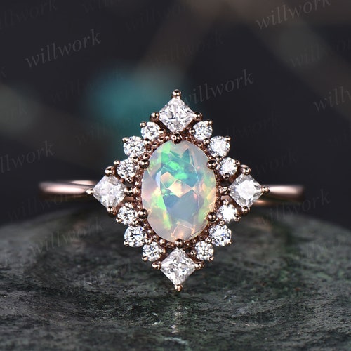 Oval Cut Engagement Ring Lab Opal Rose Gold Moissanite Halo - Etsy