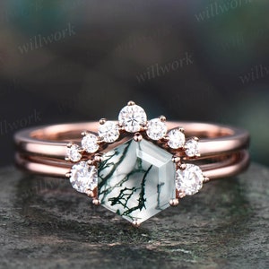 Vintage hexagon green moss agate engagement ring set rose gold three stone moissanite ring minimalist unique bridal wedding ring set women