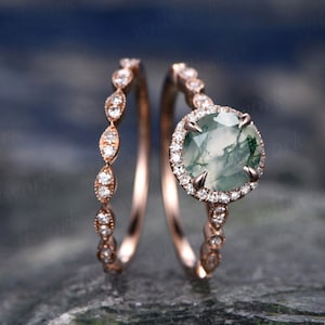 Vintage moss agate engagement ring set art deco diamond ring set rose gold ring set eternity ring marquise ring for women bridal wedding set