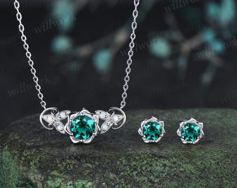 Round cut emerald floral earrings necklace set solid 9k 14k white gold butterfly opal unique pendant women anniversary gift jewelry