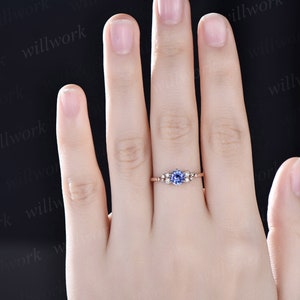 Round natural blue tanzanite ring vintage unique engagement ring 14k white gold 6 prong snowdrift diamond anniversary wedding ring for women image 4